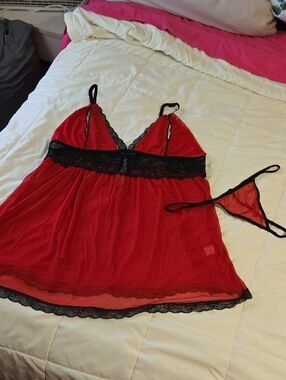 Red Lace-Trim Babydoll Chemise with Matching Thong